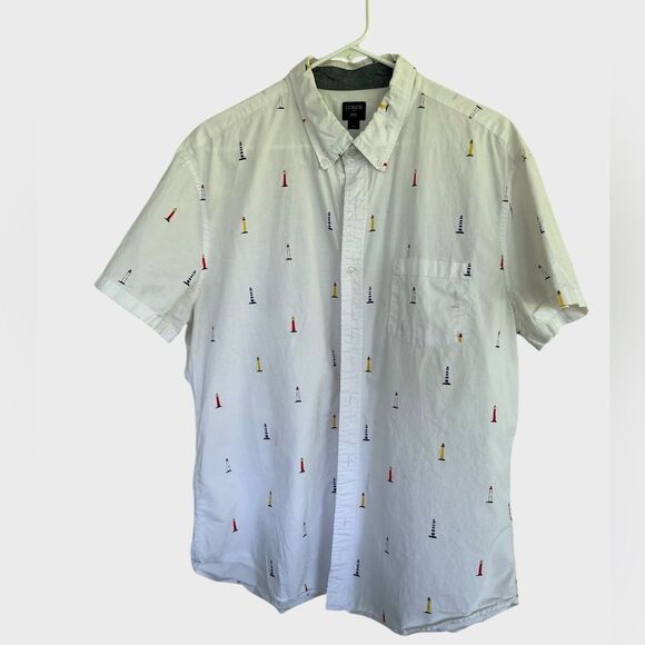 J. Crew Menโs White Short Sleeve Cotton Button-Down Shirt | Lighthouse Print XL - Picture 3 of 6